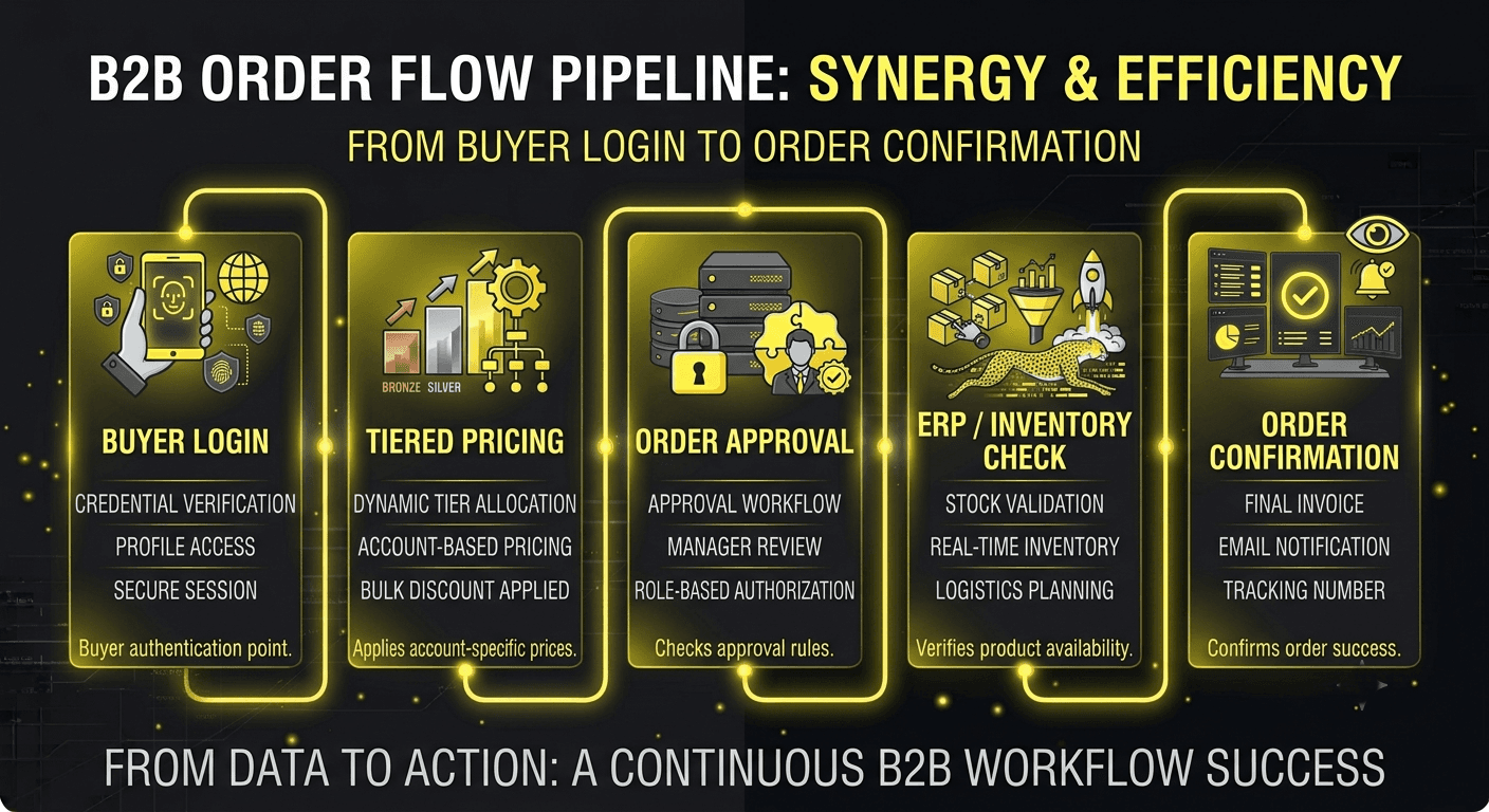 Diagram showing a B2B order flow from buyer login through tiered pricing, approval, and order confirmation