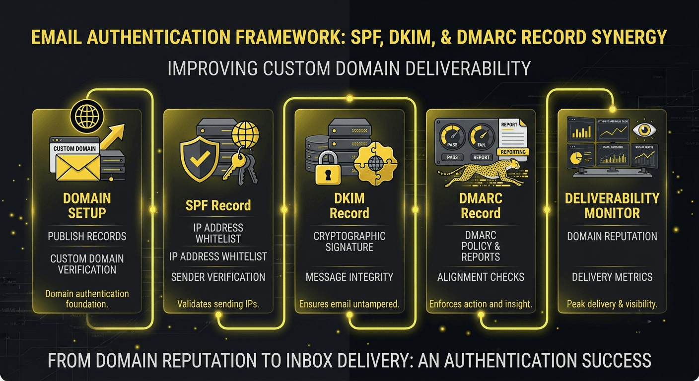 Diagram showing how SPF, DKIM, and DMARC records work together to improve email deliverability for a custom domain