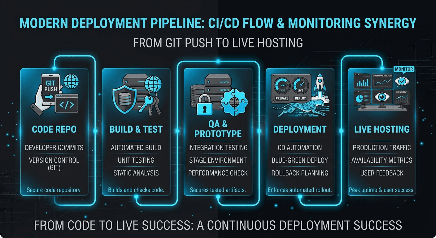 Diagram showing a code deployment pipeline from git push to automated testing to live hosting with monitoring