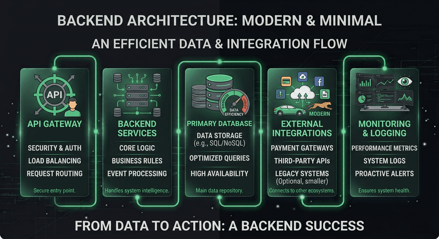 Diagram of a backend architecture showing the API, database, and external integrations