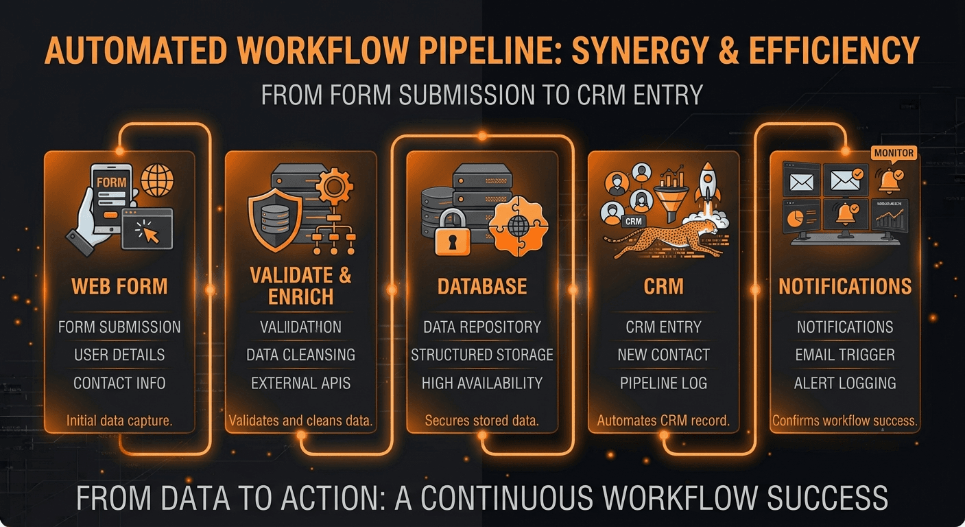 Diagram showing an automated workflow from a form submission through a decision step to a CRM entry and an email notification