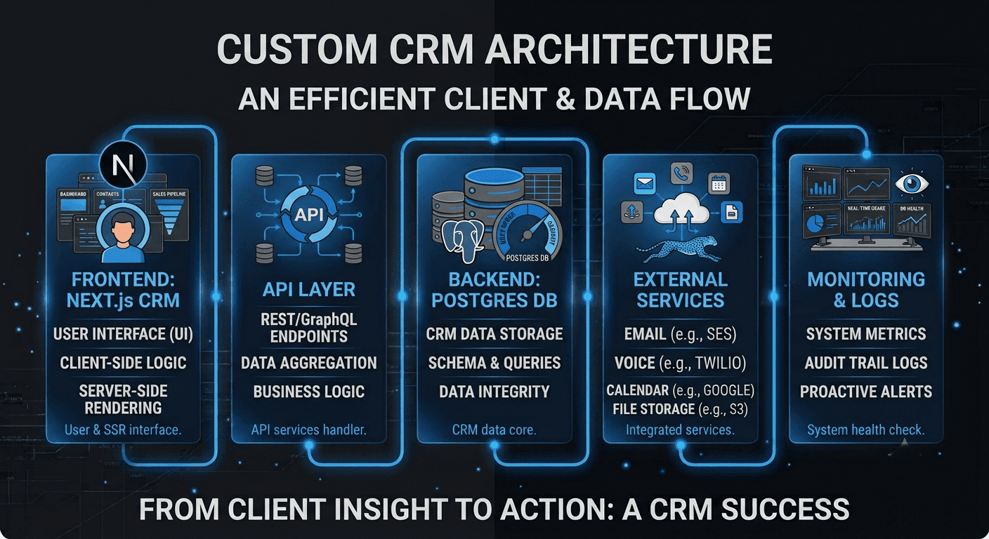 Diagram showing the architecture of a custom CRM built with Next.js, a backend API layer, and a Postgres database