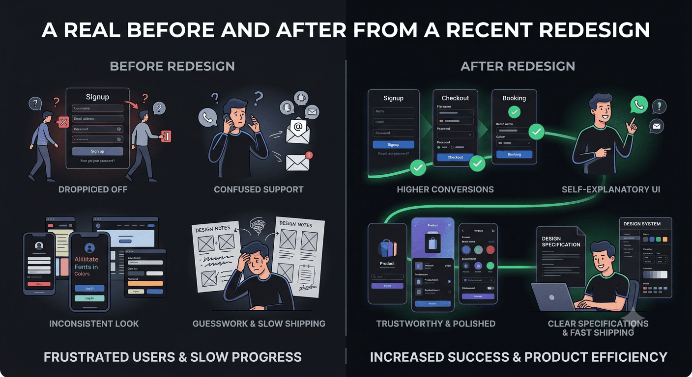 Before and after comparison of a redesigned app checkout screen