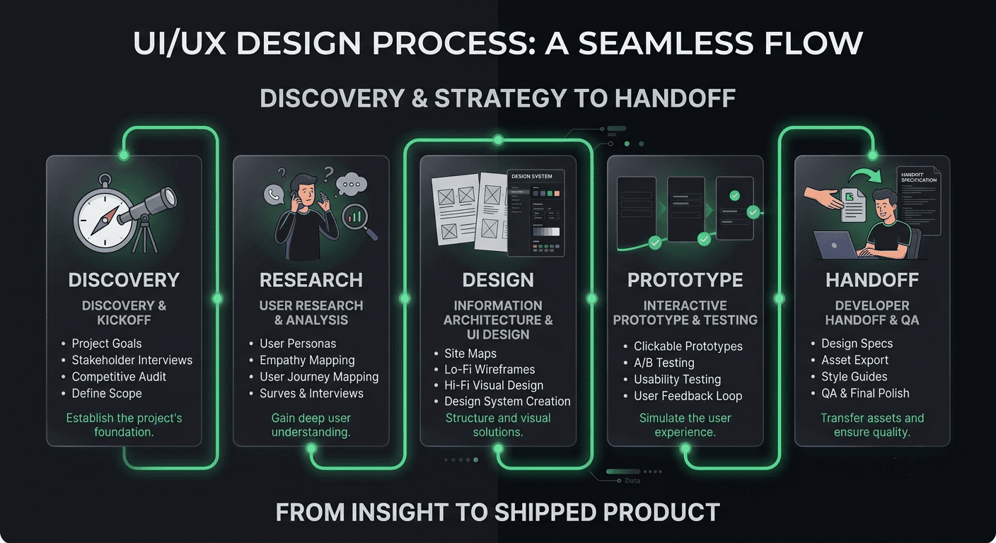 Diagram of the discovery, research, design, prototype, and handoff process for a UI UX design project