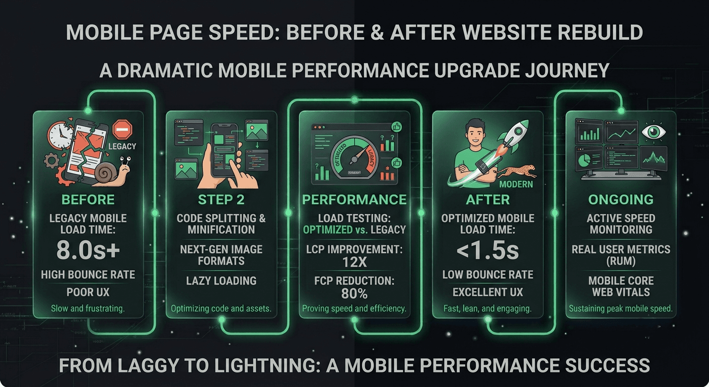 Mobile page speed comparison before and after a custom website rebuild