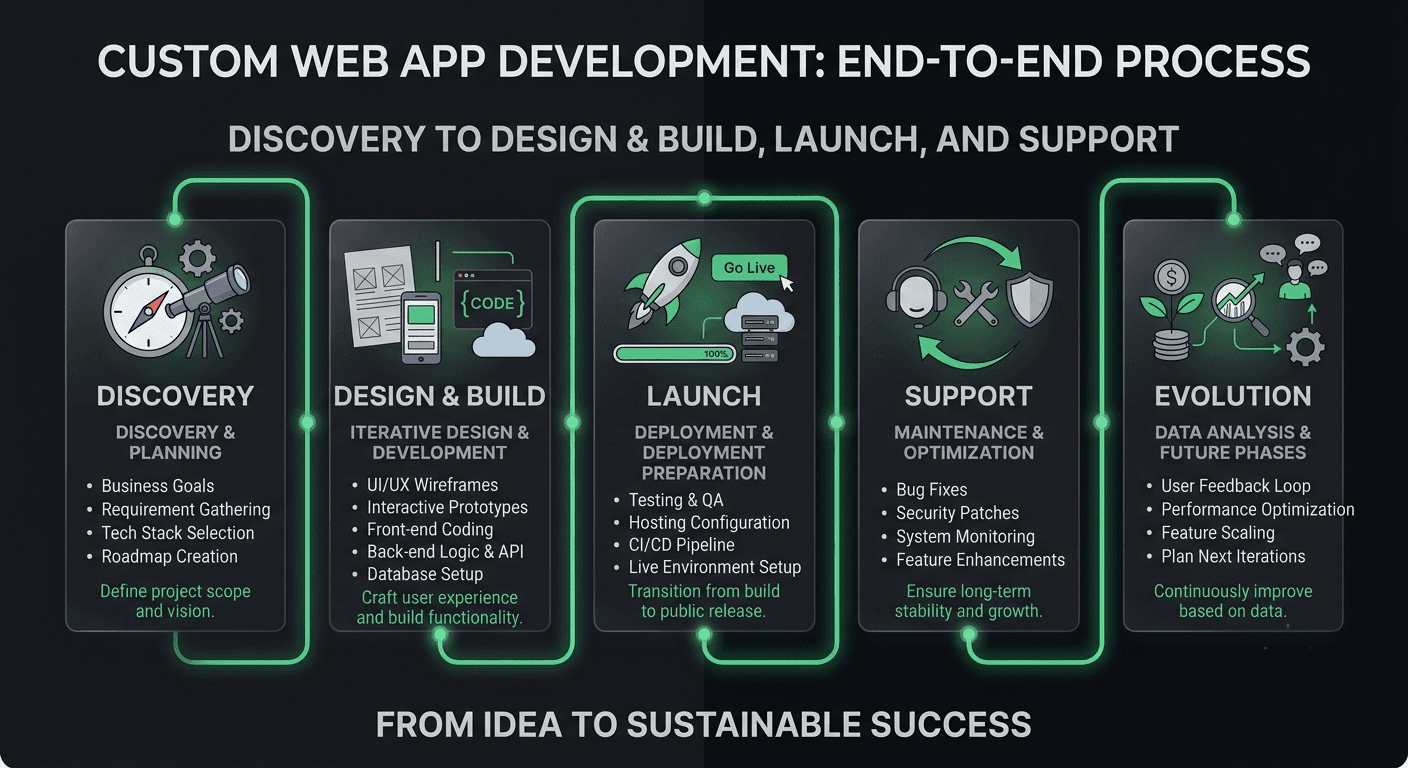Diagram of the discovery, design and build, launch, and support process for a custom web app project
